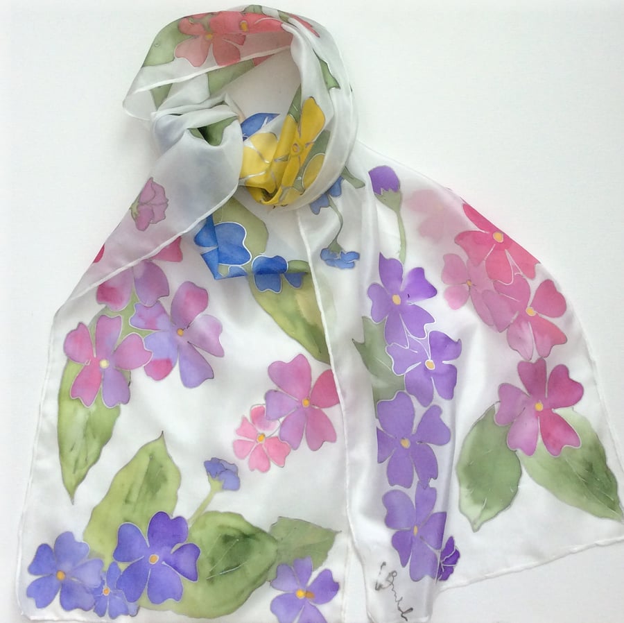 Primulas hand painted silk scarf