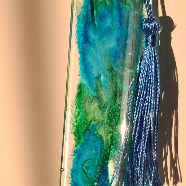 Handmade blue and green epoxy resin bookmark