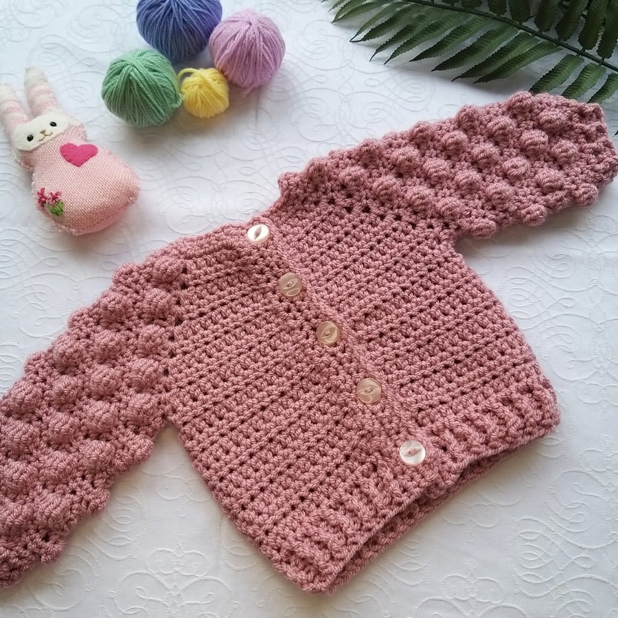 Crochet Bobble Cardigan Size 3 months Pale Rose Perfectly Imperfect