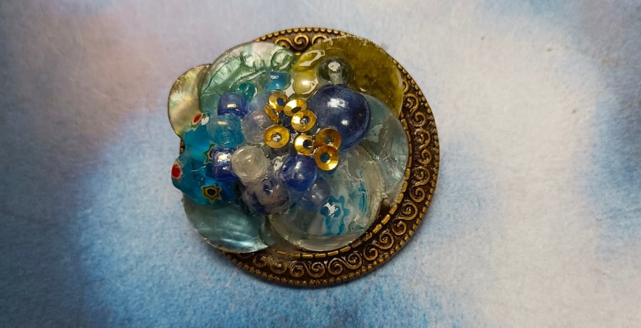 Bejewelled Brooch with Recycled Beads in Blues
