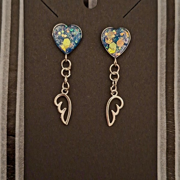 Gothic glitter heart stud earrings angel wings alternative 