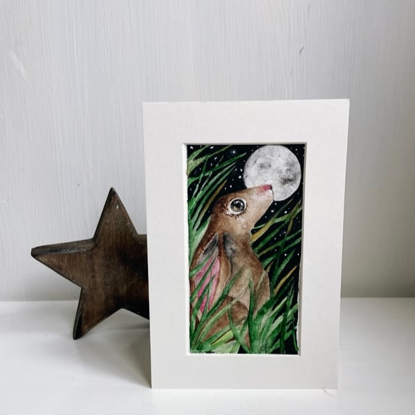 Original Whimsical Moon Gazing Hare Rabbit Watercolour 