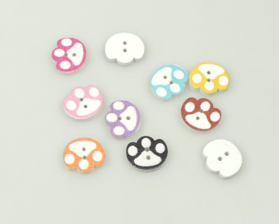 10 x Paw Buttons, Fun Mixed colour set, Wooden Buttons, Craft, Sewing, Cards