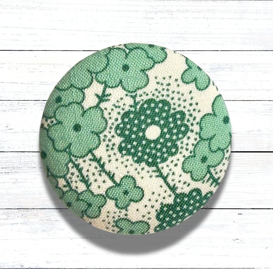 Green Floral Fabric Covered Button Badge Brooch, Handmade, Christmas Gift