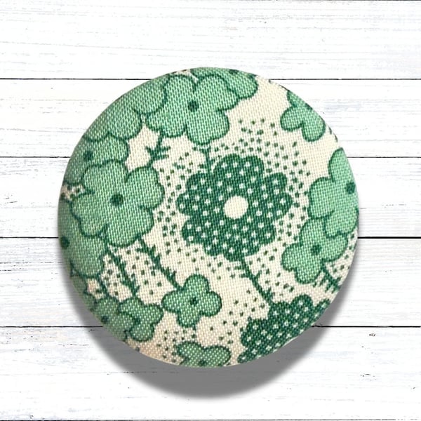 Green Floral Fabric Covered Button Badge Brooch, Handmade