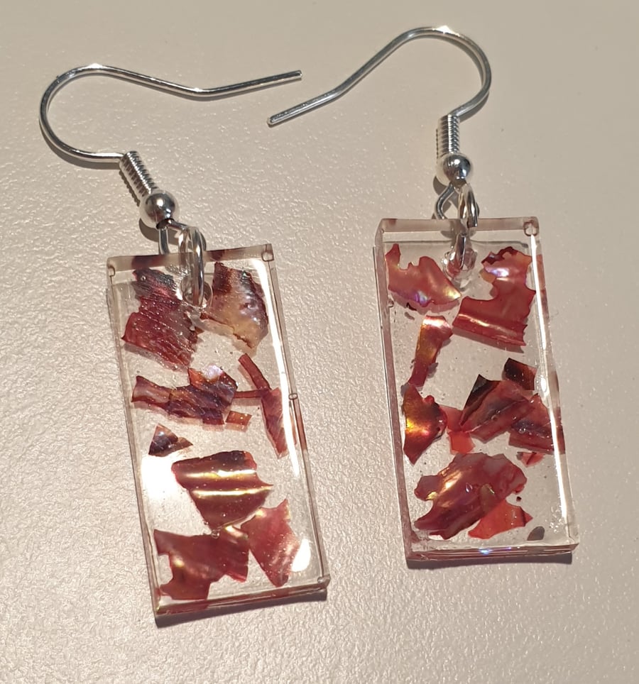 Rectangle red mother of pearl resin earrings