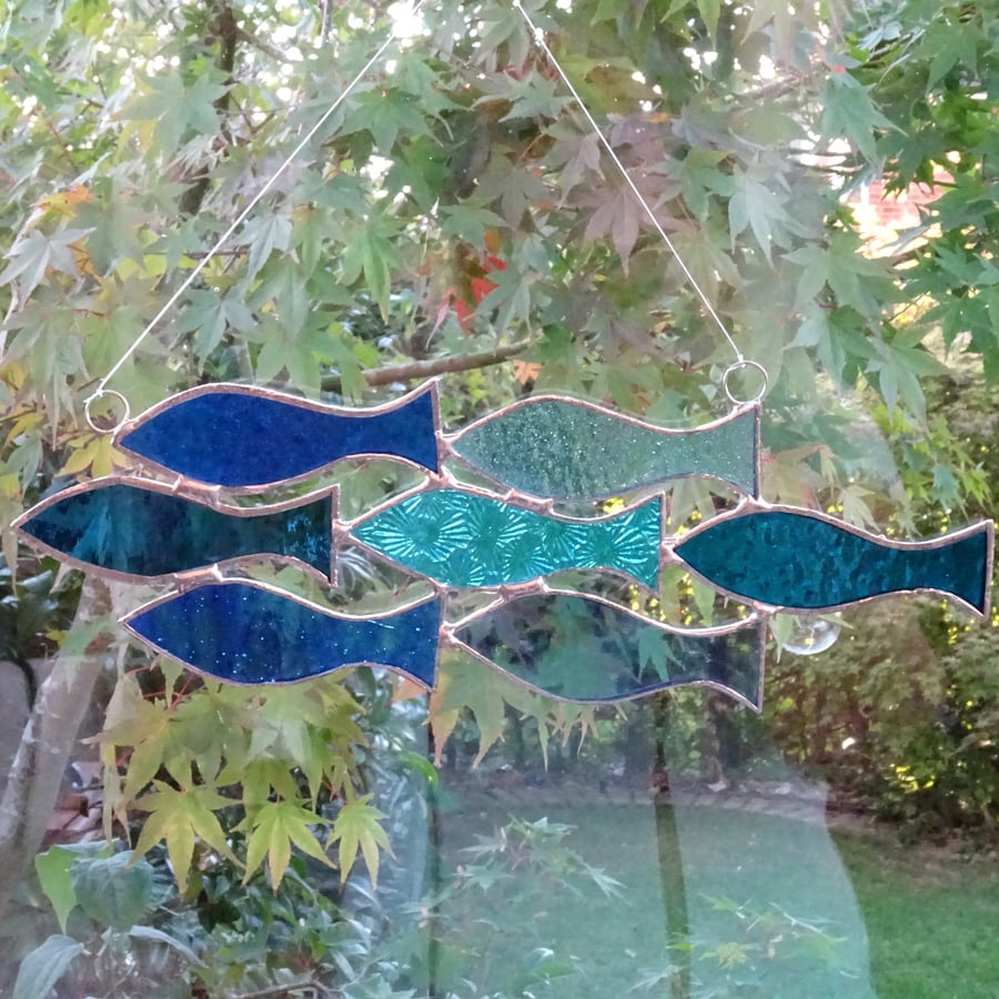 Stained Glass Shoal of 7 Fish Suncatcher - Blue and Turquoise