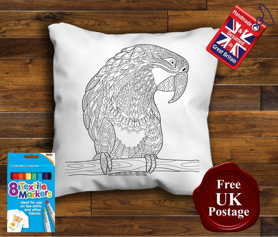 Parrott Colouring Cushion Cover With or Without Fabric Pens Choose Your Size