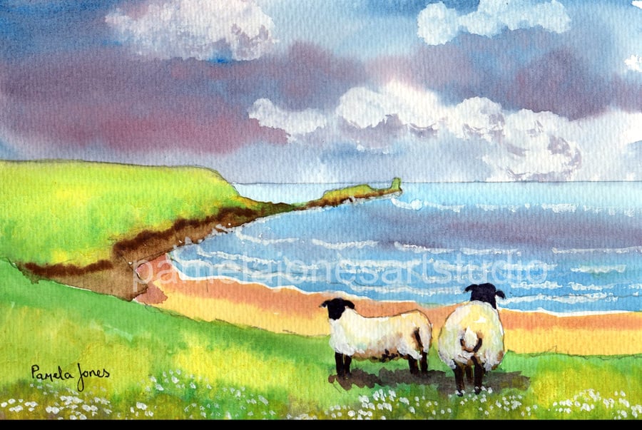 Rhossili Bay, Sheep Gower, Watercolour Print, In 14 x 11 '' Mount