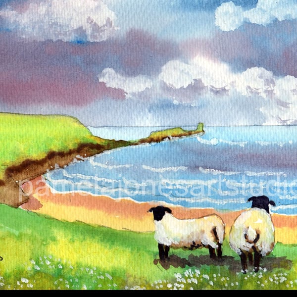 Rhossili Bay, Sheep Gower, Watercolour Print, In 14 x 11 '' Mount