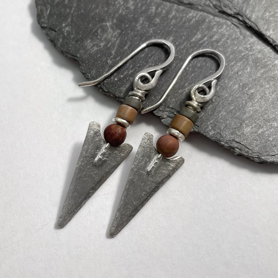 silver arrowhead tribal earrings with jasper