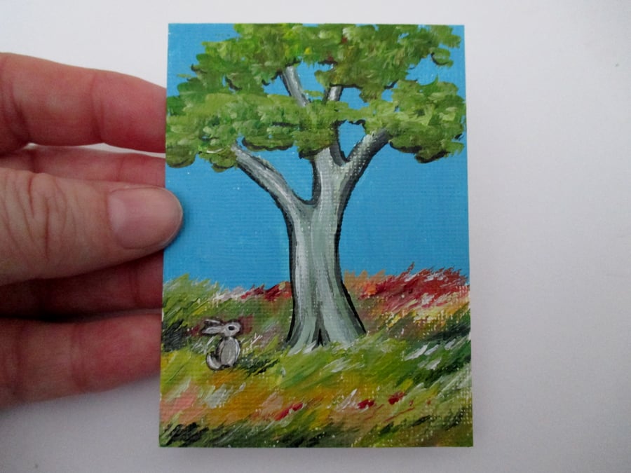 ACEO Bunny Rabbit and Tree original painting picture miniature SFA Art