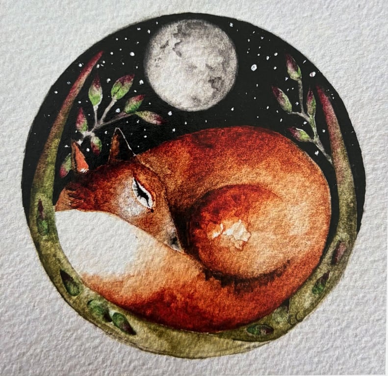 Resting Fox under a Full Moon and Starry Sky Watercolour Print Artwork