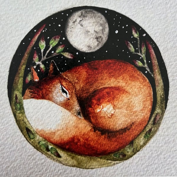 Resting Fox under a Full Moon and Starry Sky Watercolour Print Artwork