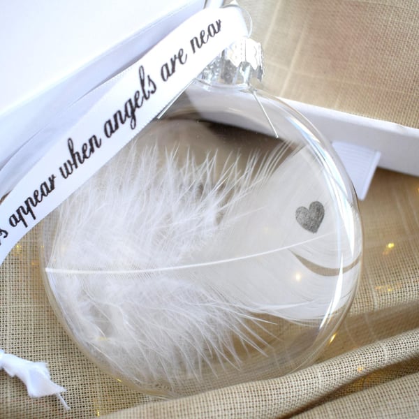 Heart Print Memorial Round Feather Bauble, Round Glass Christmas Ornament, Remem