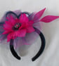 Navy Blue and Raspberry Magenta Flower Tulle & Feather Headband  - Image 5
