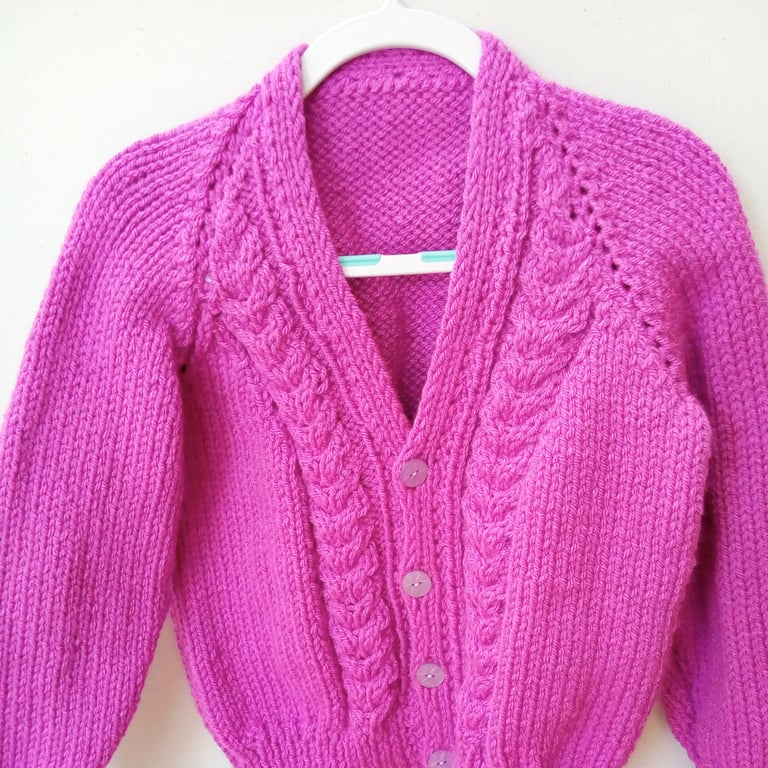 Cabled Cardigan Hand Knitted in Chunky Yarn for a Girl, Gift Ideas for Children 