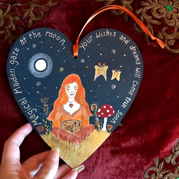Painted wooden 7" hanging heart decoration Magical maiden