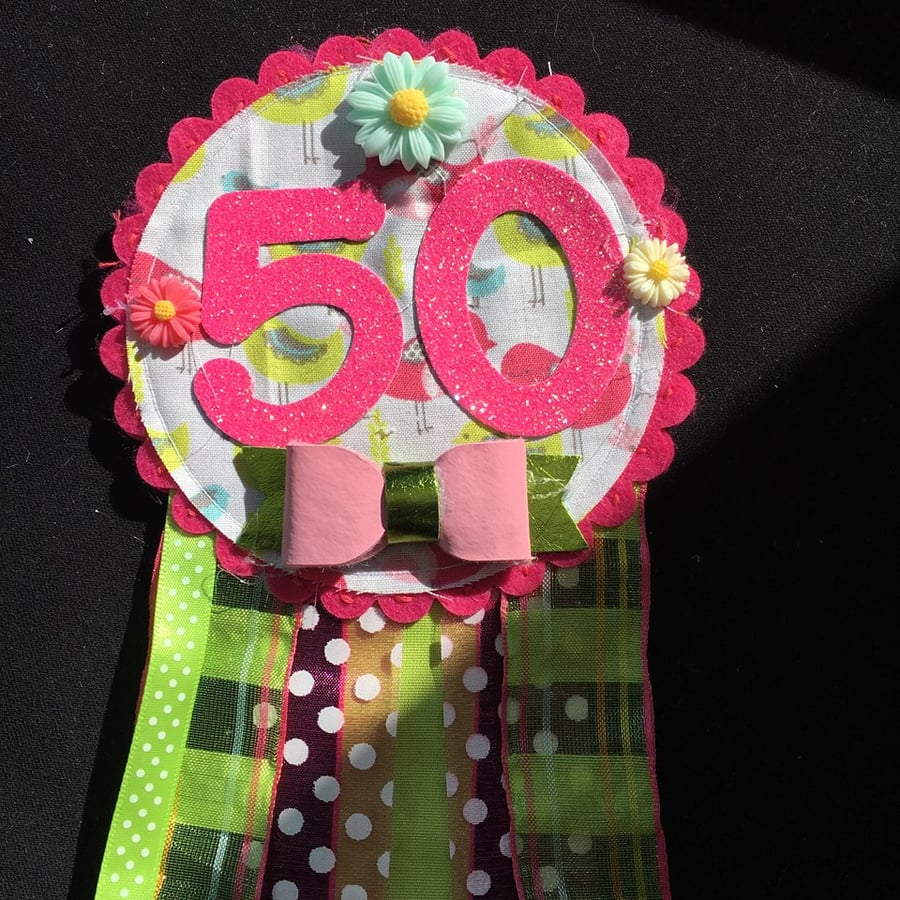Birthday badge-Rosette - 50th Birthday - Birds - pink and lime