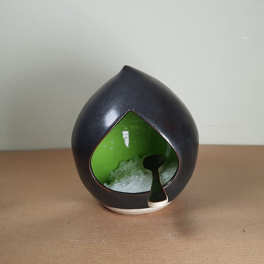 Small hand thrown Lime green and almost black salt pig and spoon