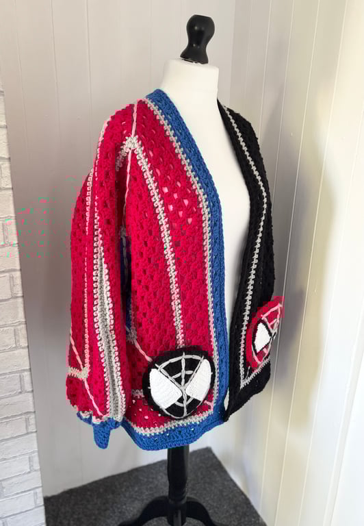 Handmade crochet hexi cardigan inspired by Spider-Man 