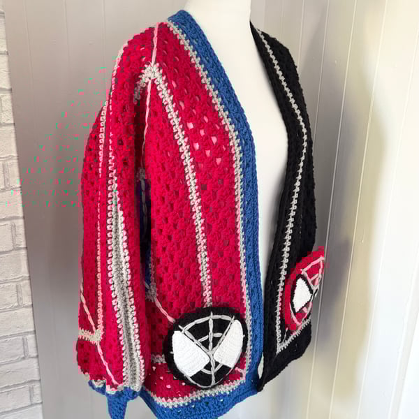 Handmade crochet hexi cardigan inspired by Spider-Man 