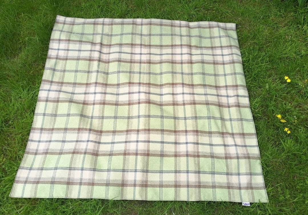 Green tartan picnic blanket with carry strap - made in England