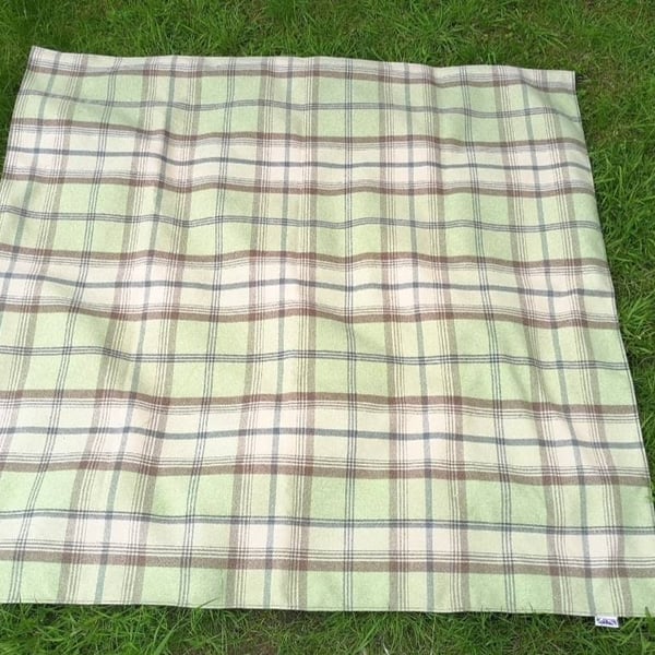Green tartan picnic blanket with carry strap - made in England