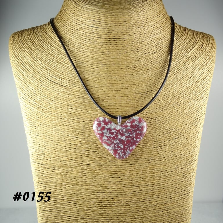 Pink handcrafted fused glass heart pendant on a black leather cord (0155)