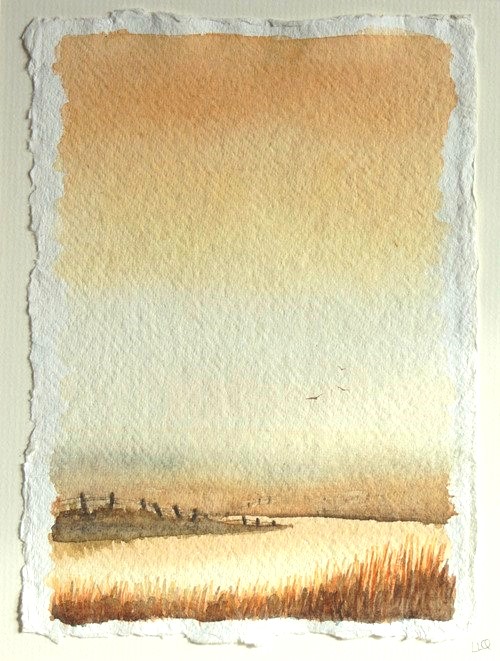 Original watercolour sun set over the river and fields 
