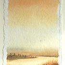 Original watercolour sun set over the river and fields 