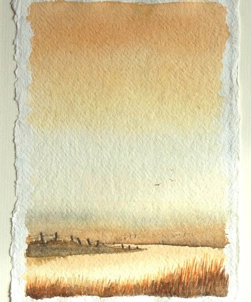 Original watercolour sun set over the river and fields 