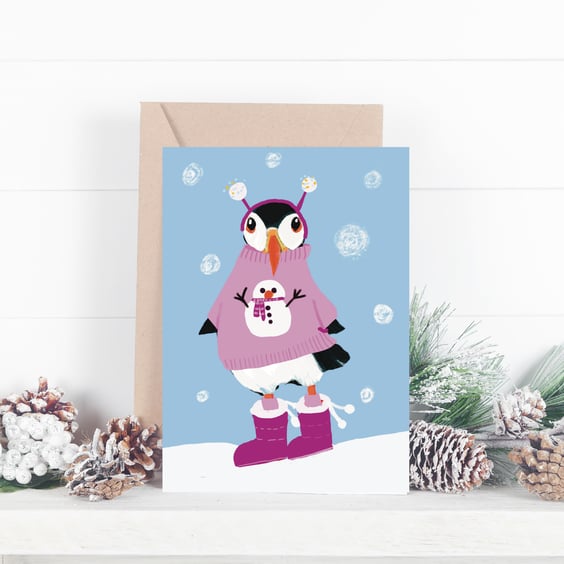 Christmas card blank Pink Puffin Christmas jumper 