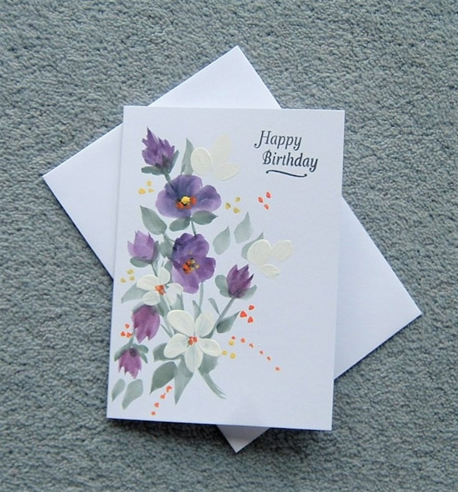 hand painted floral birthday greetings card ( ref F 126 )