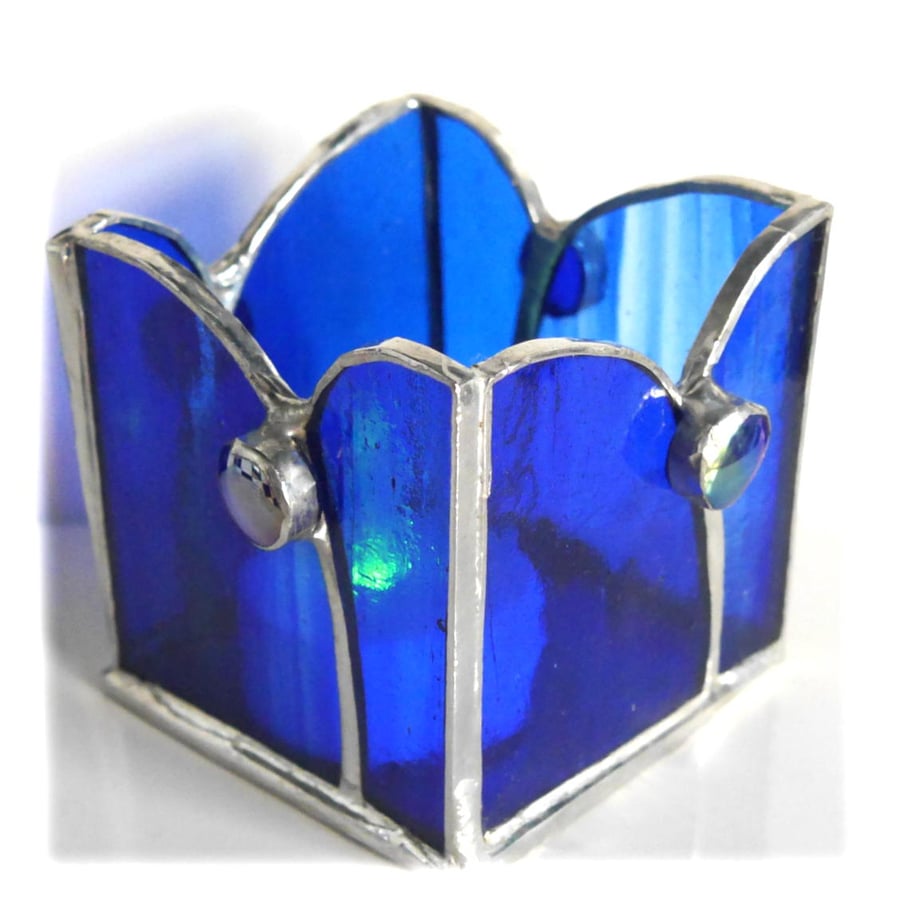 Stained Glass Candle Holder Box Handmade Blue Tea light Card 