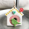 Small Ceramic bird house decoration with pottery bird