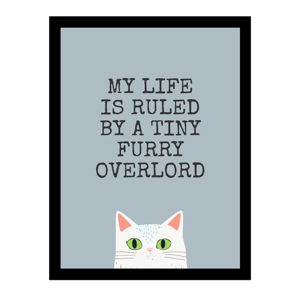 Funny White Cat Print - My Life Is Ruled by a Tiny Furry Overlord - Grey Wall Ar