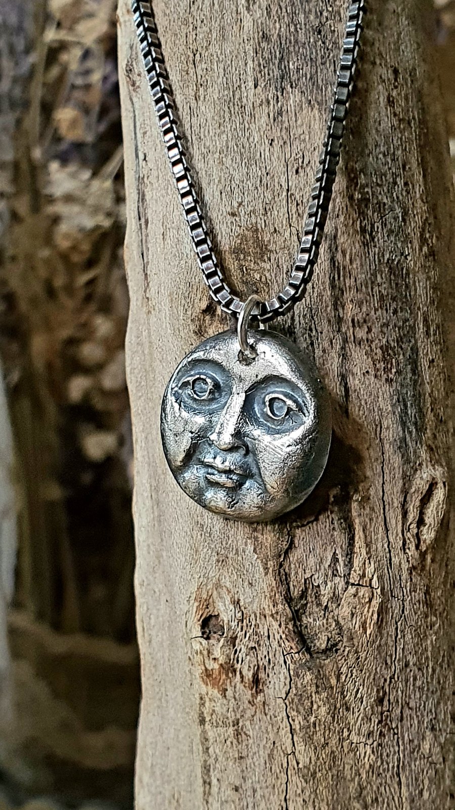 Celestial solid fine silver moon face pendant necklace & upcycled box chain