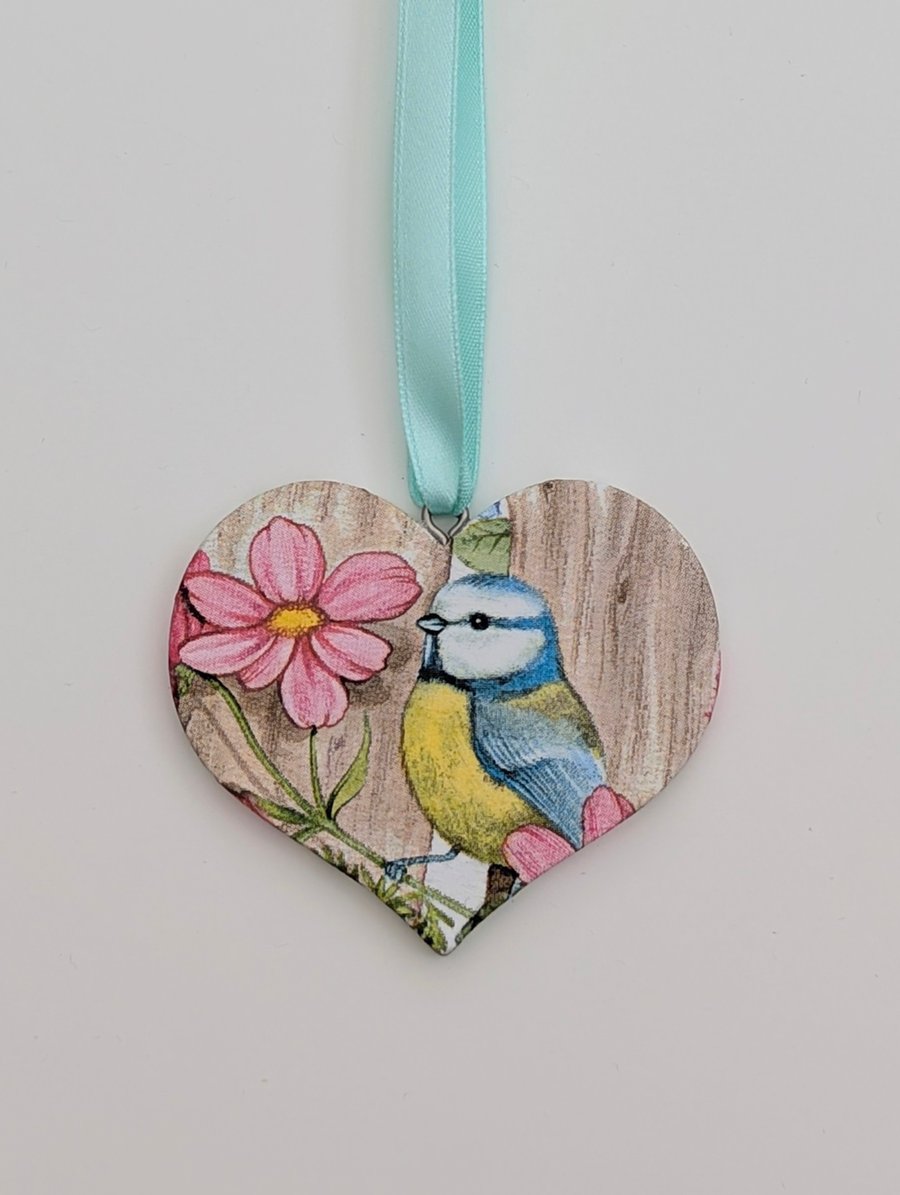 Bluetit wooden hanging heart decoration, garden bird, Mother's Day gift idea