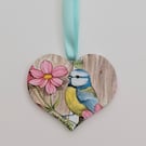 Bluetit wooden hanging heart decoration, garden bird, Mother's Day gift idea