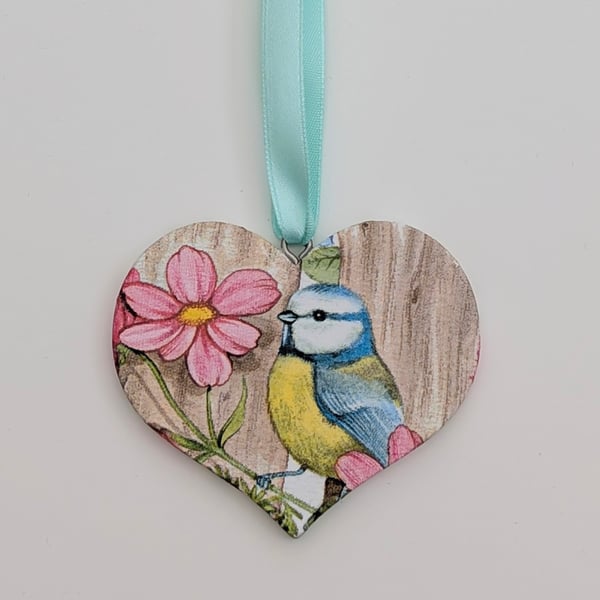 Bluetit wooden hanging heart decoration, garden bird, Mother's Day gift idea