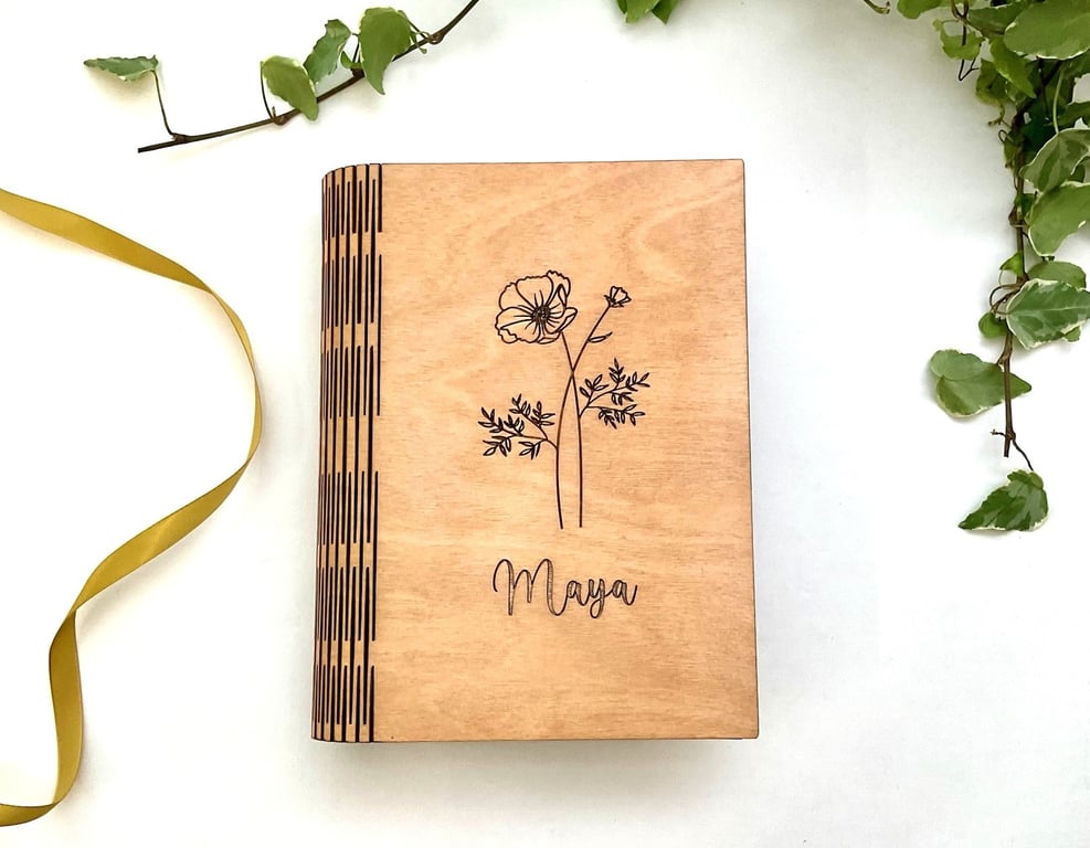 Engraved Wooden A6 Notebook – Birth Flower Design, Personalised Gift