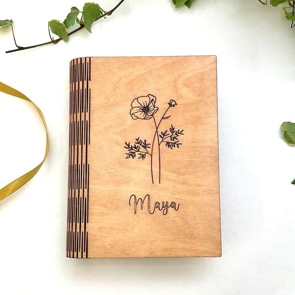Engraved Wooden A6 Notebook – Birth Flower Design, Personalised Gift