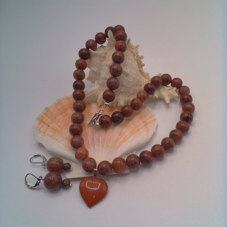 Mahogany Jasper Necklace and Earrings Set, Jasper Jewellery Set, Gift for Her