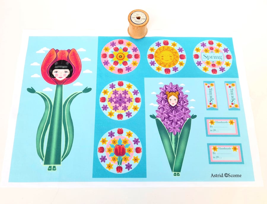 Cut and Sew Floral Fabric Panel, Tulip Girl Craft Fabric 