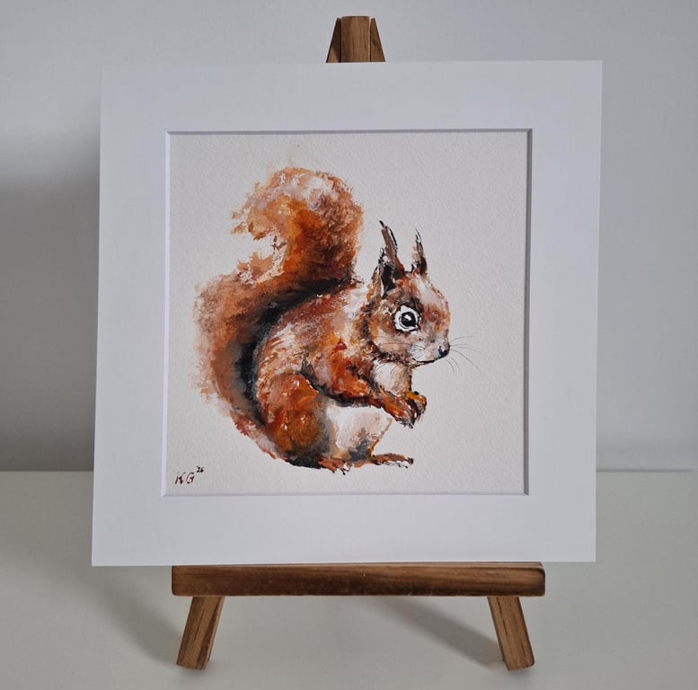 Original Squirrel Painting, Watercolour Art, 15x15cm, Mounted 8x8"