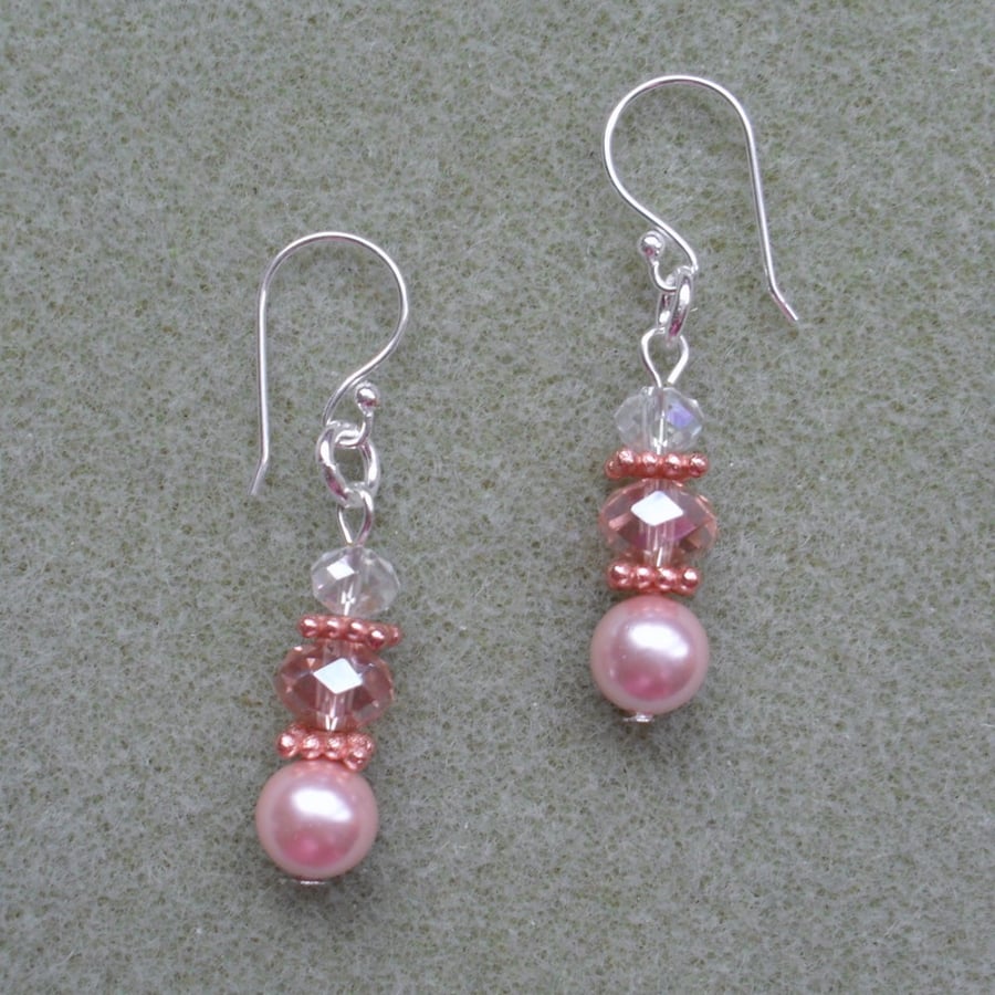 SALE Pink Shell Pearl and Crystal Earrings
