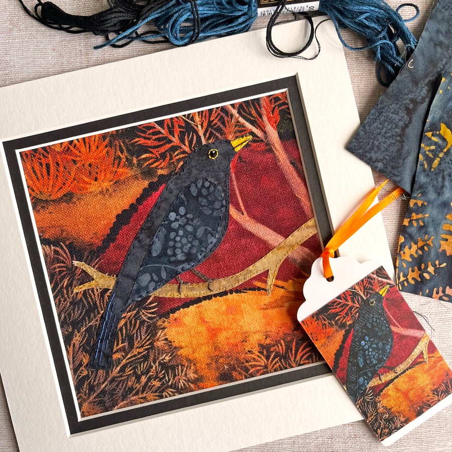 Image of Blackbird textile picture, gift for bird lover, fabric bird picture