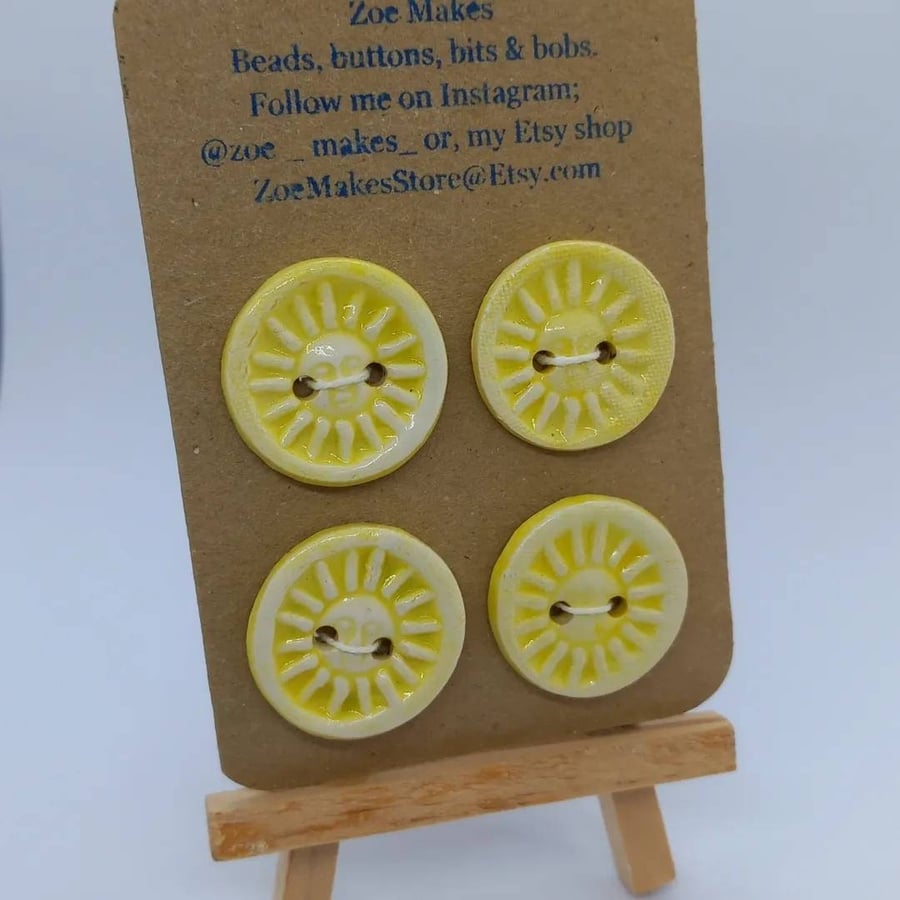 Yellow buttons, Set of 4 handmade ceramic sunshine buttons, 25mm diameter. Sunny