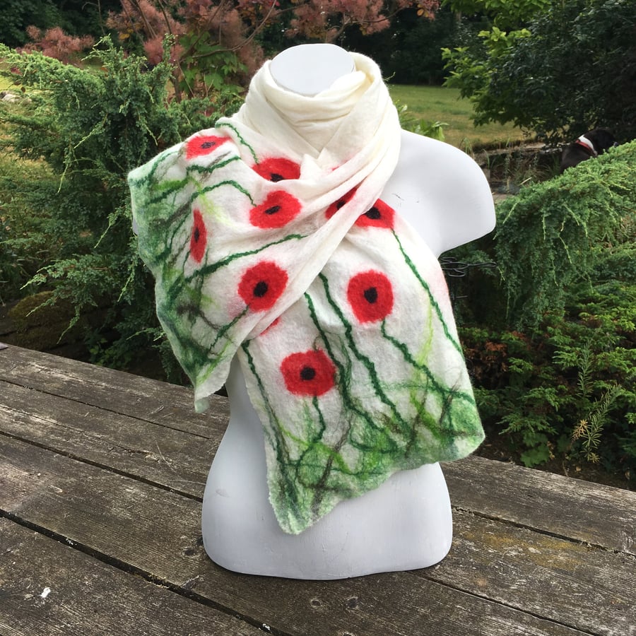 White poppy scarf with grass border, merino wool nuno felted on silk chiffon